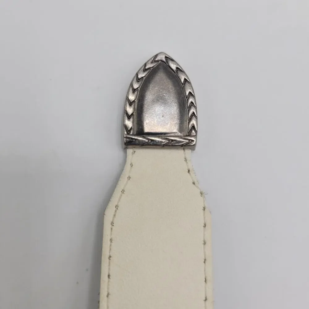 Off-White Leather Belt Small Western Antique Silver Buckle Cowgirl Boho Cowboy
